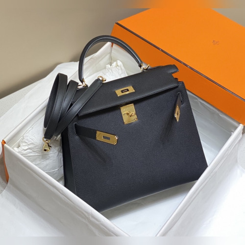 凱莉 黑色金扣 EPSOM牛皮 純手工+蜜蠟線 全純鋼制五金25cm 28cm