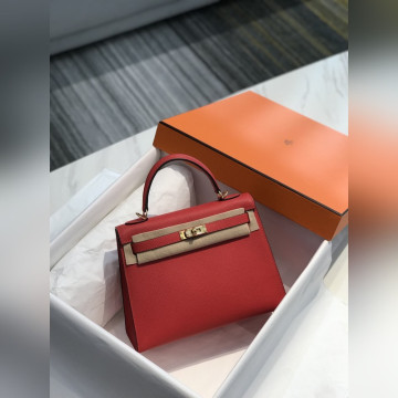 凱莉 紅色金扣 EPSOM牛皮 純手工+蜜蠟線 全純鋼制五金25cm 28cm