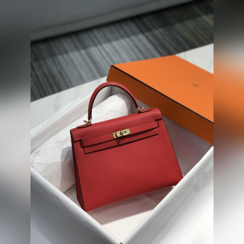 凱莉 紅色金扣 EPSOM牛皮 純手工+蜜蠟線 全純鋼制五金25cm 28cm