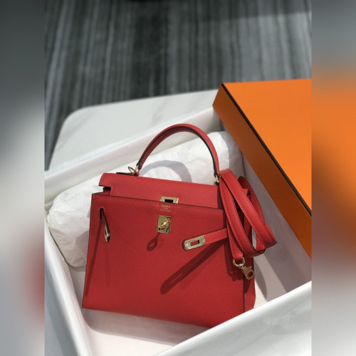 凱莉 紅色金扣 EPSOM牛皮 純手工+蜜蠟線 全純鋼制五金25cm 28cm