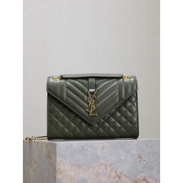 橄欖綠色金扣V型Monogram中號魚子醬信封包，型號487206