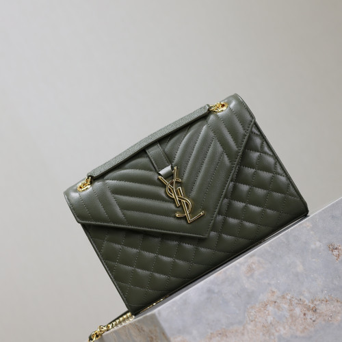 橄欖綠色金扣V型Monogram中號魚子醬信封包，型號487206