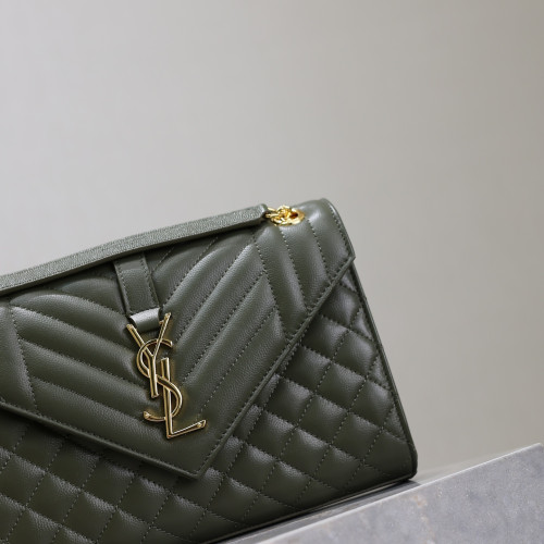 橄欖綠色金扣V型Monogram中號魚子醬信封包，型號487206