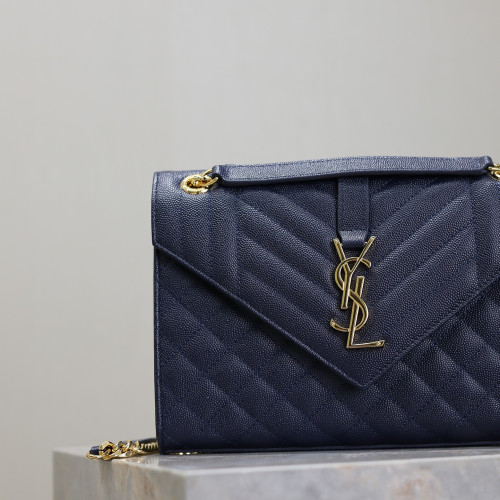 藍色金扣V型Monogram中號魚子醬信封包，型號487206