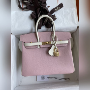 需定做 手縫 Birkin 25cm 進口山羊皮 3Q粉拼奶油白 拉絲金扣