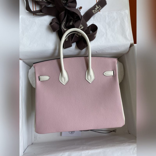 需定做 手縫 Birkin 25cm 進口山羊皮 3Q粉拼奶油白 拉絲金扣