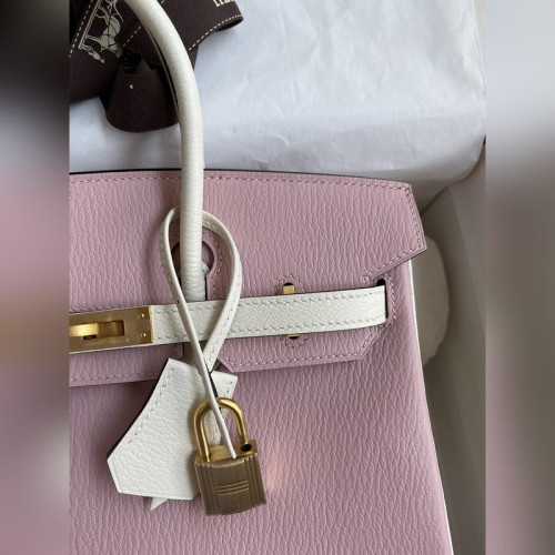 需定做 手縫 Birkin 25cm 進口山羊皮 3Q粉拼奶油白 拉絲金扣