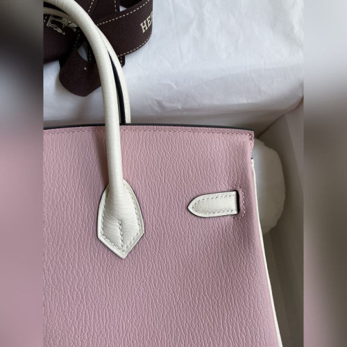 需定做 手縫 Birkin 25cm 進口山羊皮 3Q粉拼奶油白 拉絲金扣