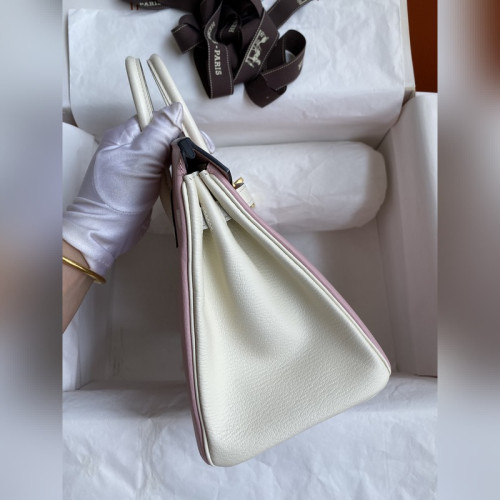 需定做 手縫 Birkin 25cm 進口山羊皮 3Q粉拼奶油白 拉絲金扣