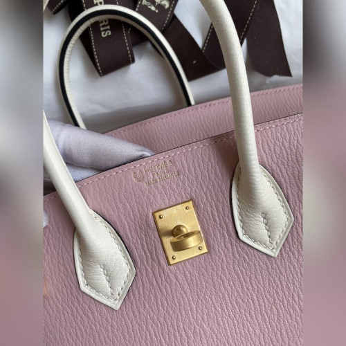 需定做 手縫 Birkin 25cm 進口山羊皮 3Q粉拼奶油白 拉絲金扣