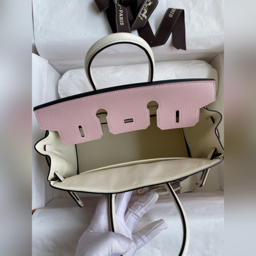 需定做 手縫 Birkin 25cm 進口山羊皮 3Q粉拼奶油白 拉絲金扣