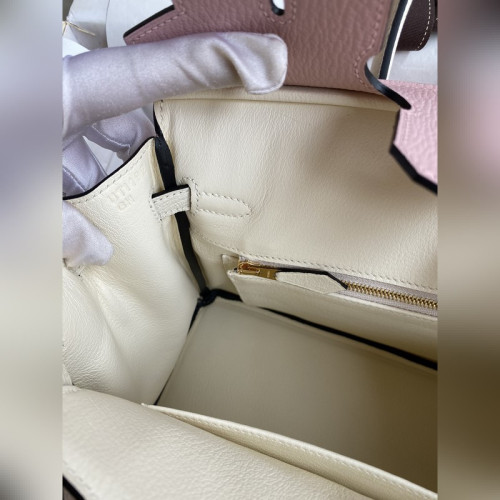 需定做 手縫 Birkin 25cm 進口山羊皮 3Q粉拼奶油白 拉絲金扣