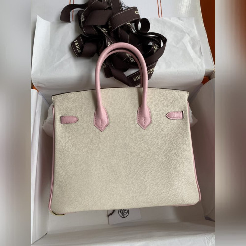 需定做 手縫 Birkin 25cm 進口山羊皮 奶油白拼3Q粉 拉絲金扣
