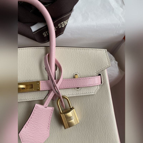 需定做 手縫 Birkin 25cm 進口山羊皮 奶油白拼3Q粉 拉絲金扣