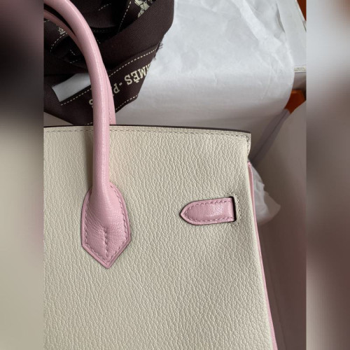 需定做 手縫 Birkin 25cm 進口山羊皮 奶油白拼3Q粉 拉絲金扣