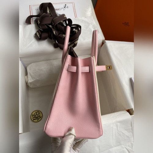 需定做 手縫 Birkin 25cm 進口山羊皮 奶油白拼3Q粉 拉絲金扣