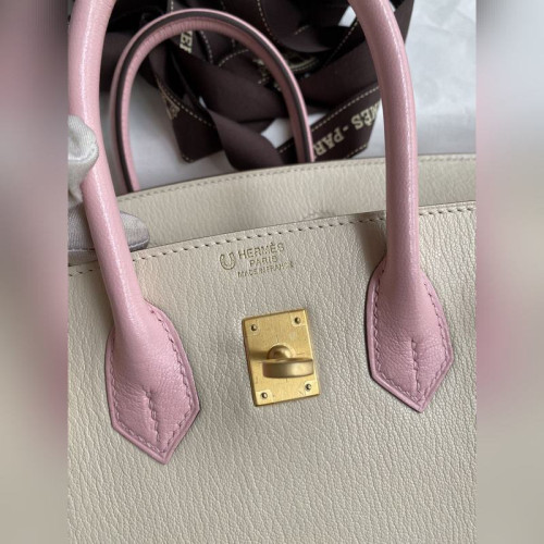 需定做 手縫 Birkin 25cm 進口山羊皮 奶油白拼3Q粉 拉絲金扣