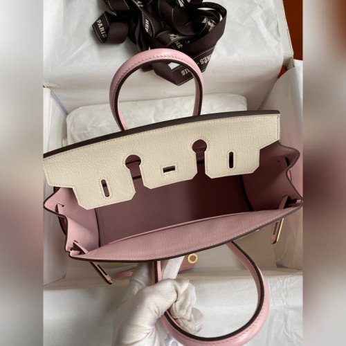 需定做 手縫 Birkin 25cm 進口山羊皮 奶油白拼3Q粉 拉絲金扣