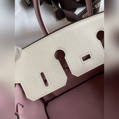 需定做 手縫 Birkin 25cm 進口山羊皮 奶油白拼3Q粉 拉絲金扣