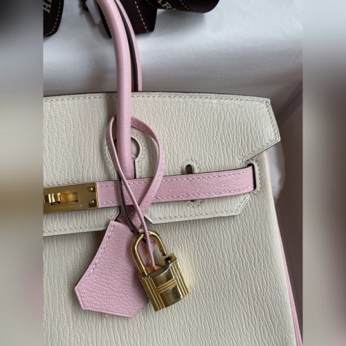需定做 手縫 Birkin 25cm 進口山羊皮 奶油白拼3Q粉 金扣