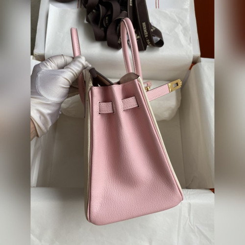 需定做 手縫 Birkin 25cm 進口山羊皮 奶油白拼3Q粉 金扣