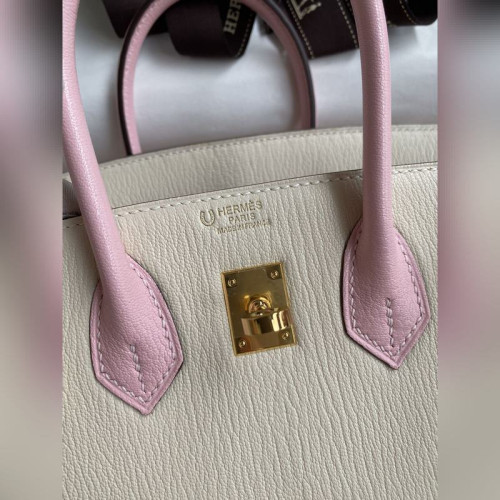 需定做 手縫 Birkin 25cm 進口山羊皮 奶油白拼3Q粉 金扣