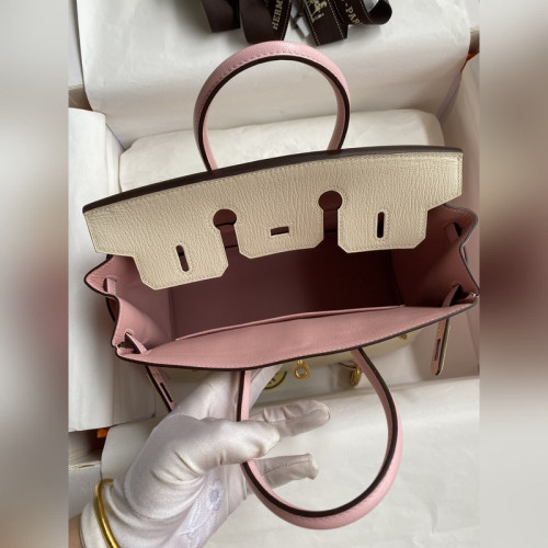 需定做 手縫 Birkin 25cm 進口山羊皮 奶油白拼3Q粉 金扣