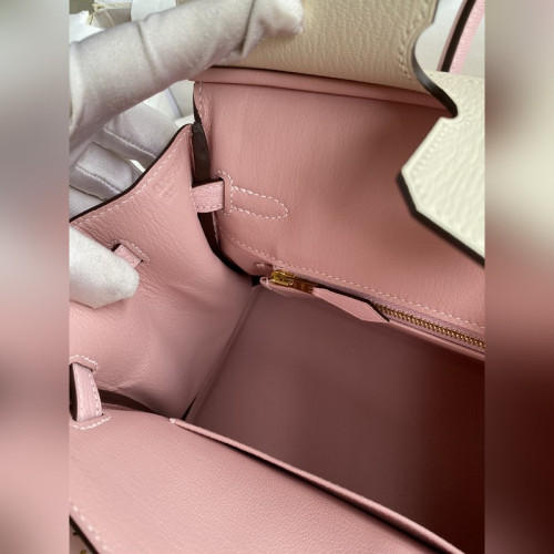 需定做 手縫 Birkin 25cm 進口山羊皮 奶油白拼3Q粉 金扣