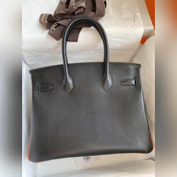 需定做 手縫 Birkin 30cm 進口山羊皮 黑色拼火焰橙 玫瑰金扣