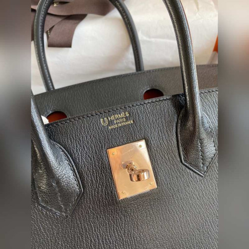 需定做 手縫 Birkin 30cm 進口山羊皮 黑色拼火焰橙 玫瑰金扣