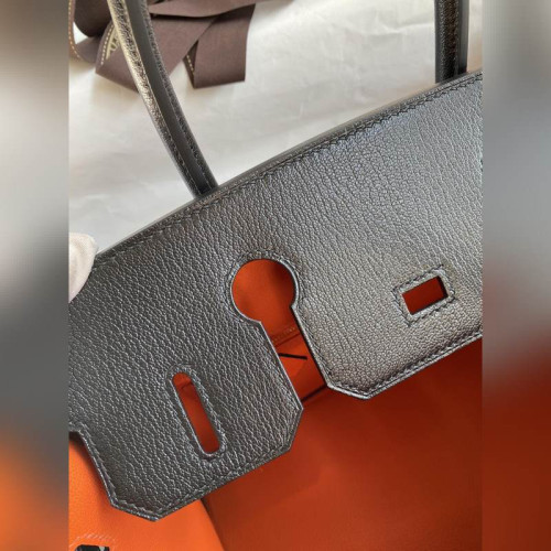 需定做 手縫 Birkin 30cm 進口山羊皮 黑色拼火焰橙 玫瑰金扣