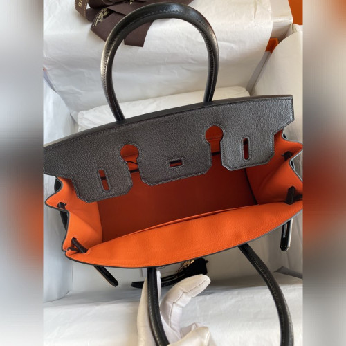 需定做 手縫 Birkin 30cm 進口山羊皮 黑色拼火焰橙 玫瑰金扣