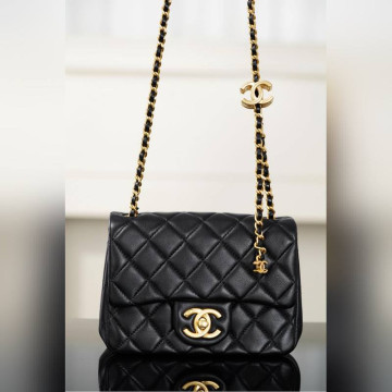 頂級進口原廠皮Chanel 25B 雙C鍊條方胖子 黑色小號