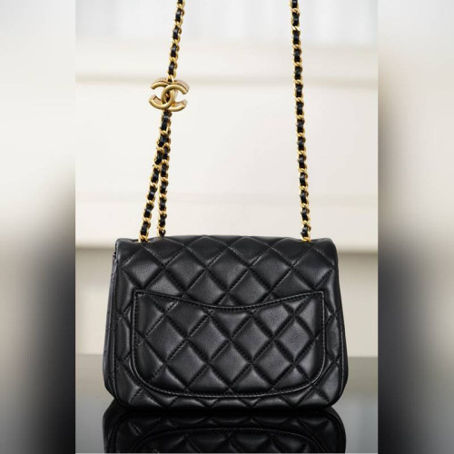 頂級進口原廠皮Chanel 25B 雙C鍊條方胖子 黑色小號