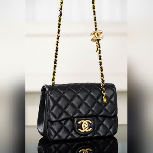 頂級進口原廠皮Chanel 25B 雙C鍊條方胖子 黑色小號