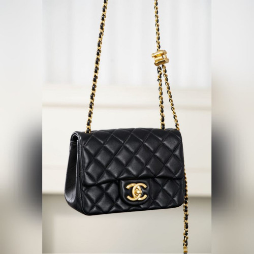 頂級進口原廠皮Chanel 25B 雙C鍊條方胖子 黑色小號