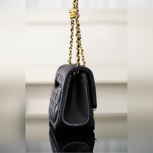 頂級進口原廠皮Chanel 25B 雙C鍊條方胖子 黑色小號