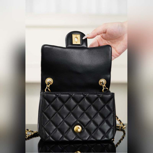 頂級進口原廠皮Chanel 25B 雙C鍊條方胖子 黑色小號