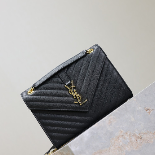 黑色金扣V型Monogram中號魚子醬信封包，型號487206